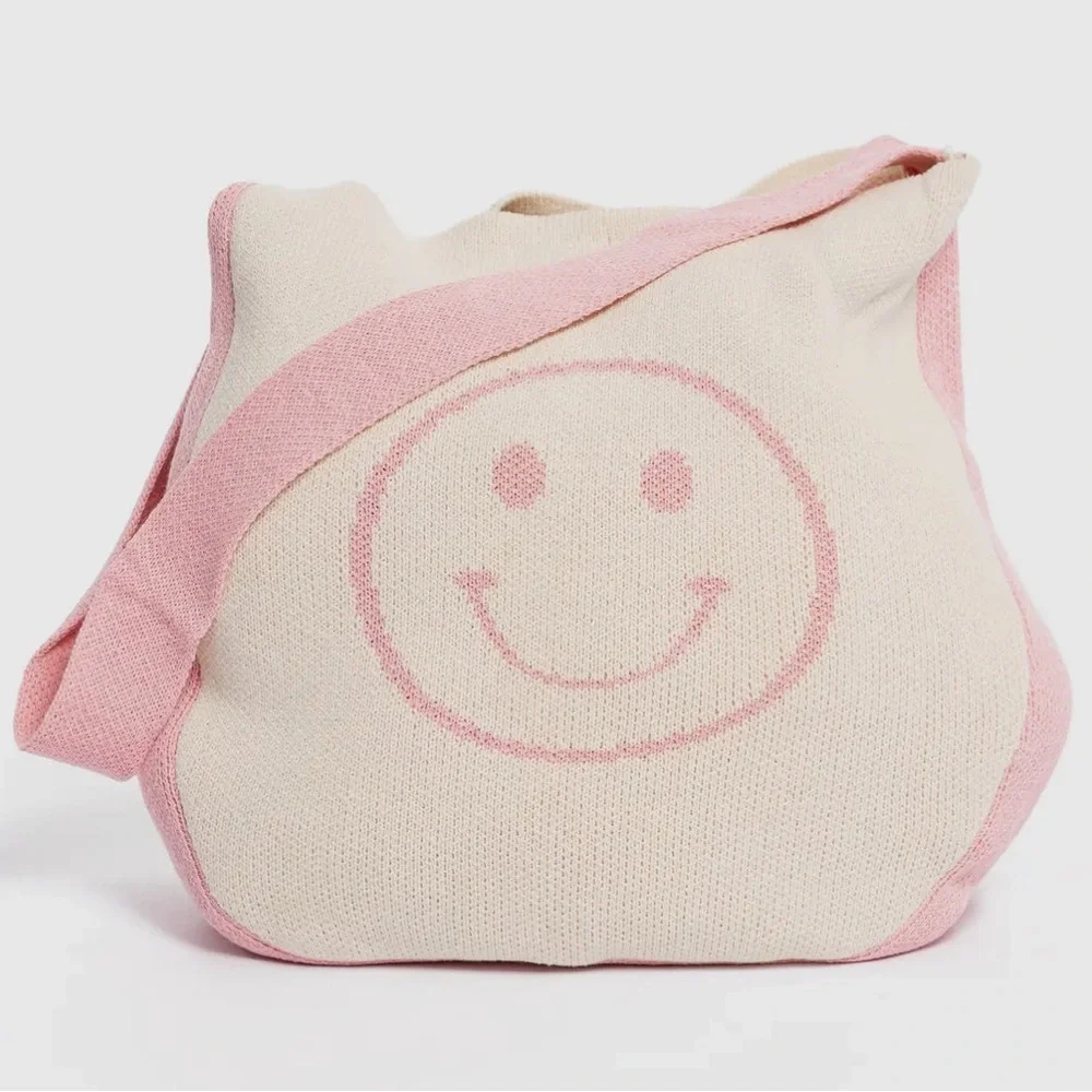 Gyto smile  face stretched, tote, bag, pink, and cream